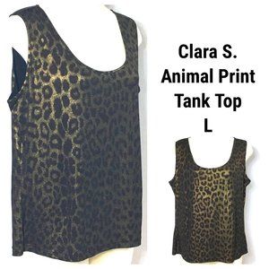 Clara S. Cheetah Leopard Animal Print Metallic Tank Top L Blouse Brown Gold